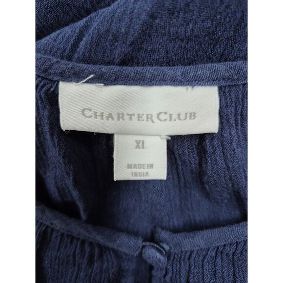 Charter Club Cotton Blend Gauzy Top Navy Blue White Embroidered Flowers Sz XL - Picture 4 of 5
